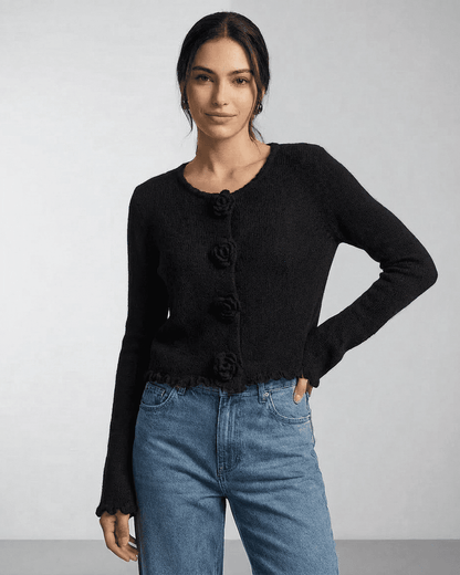 Noir Cardigan by Lauven featuring floral button detailing and a modern silhouette for women's fashion.