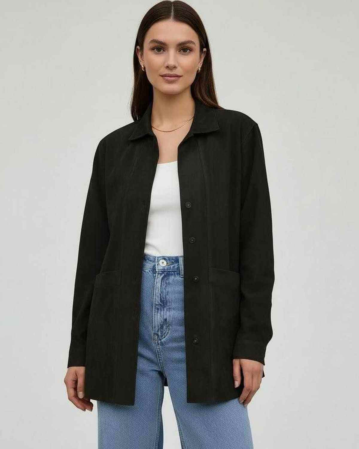 Noir Jacket by Lauven, women’s oversized jacket in black with button-down front and relaxed fit for everyday elegance.
