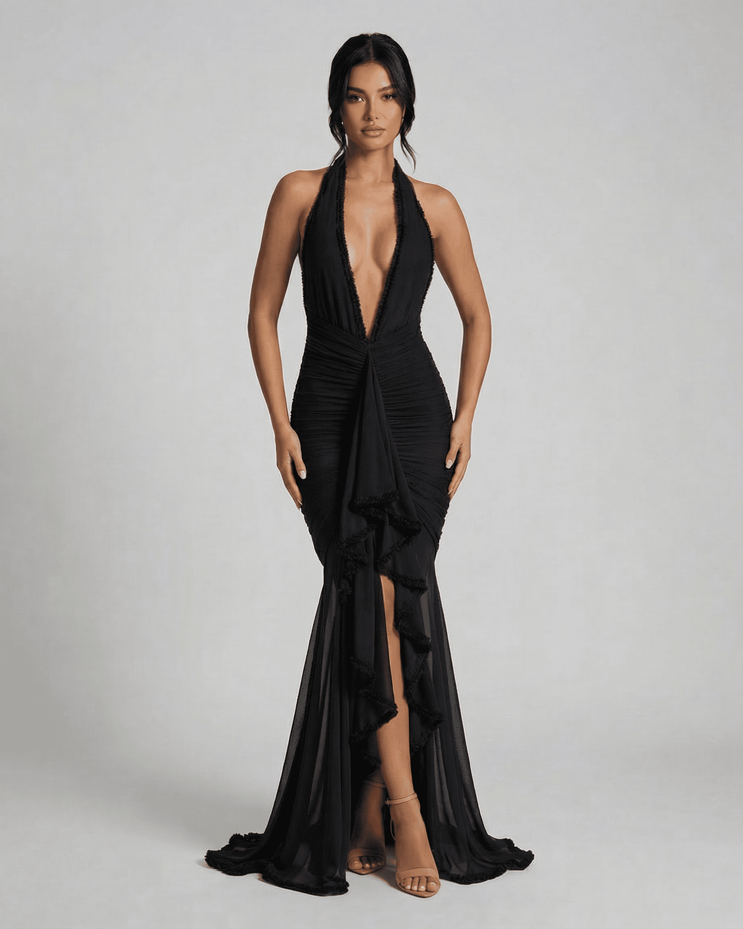 Noir Maxi Dress by Lauven, elegant black ruched slip dress with lace trim and plunging neckline for formal occasions.