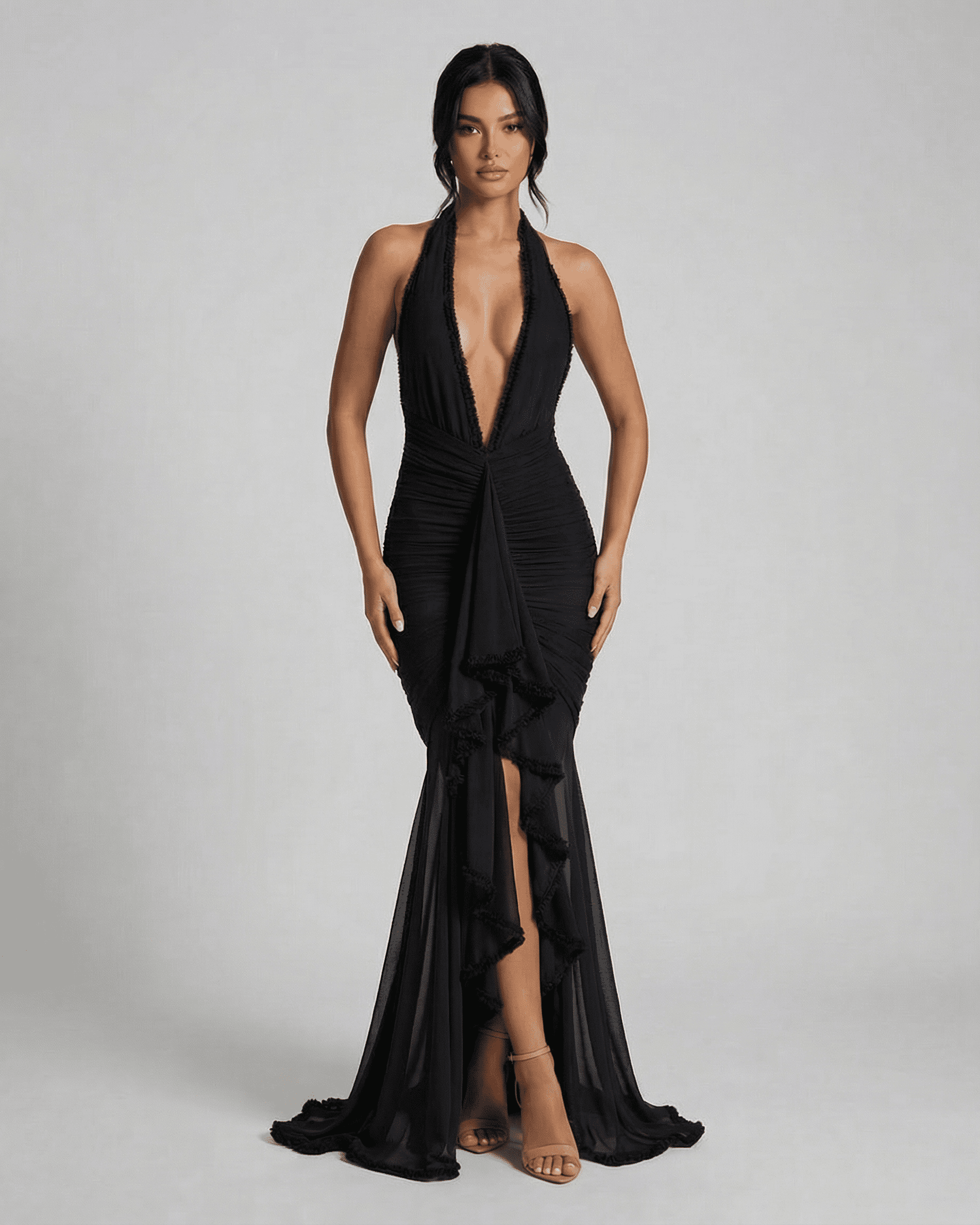 Noir Maxi Dress by Lauven, elegant black ruched slip dress with lace trim and plunging neckline for formal occasions.