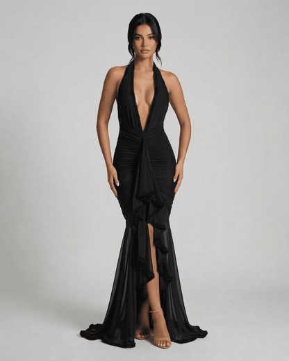 Noir Maxi Dress by Lauven, elegant black ruched slip dress with lace trim and plunging neckline for formal occasions.