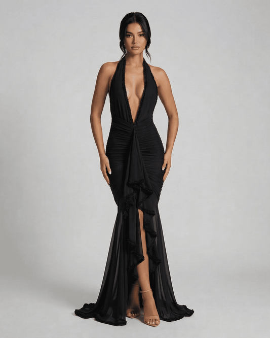Noir Maxi Dress by Lauven, elegant black ruched slip dress with lace trim and plunging neckline for formal occasions.