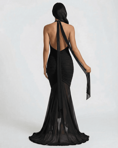 Noir Maxi Dress by Lauven, showcasing the elegant back design and ruched detail in classic black.