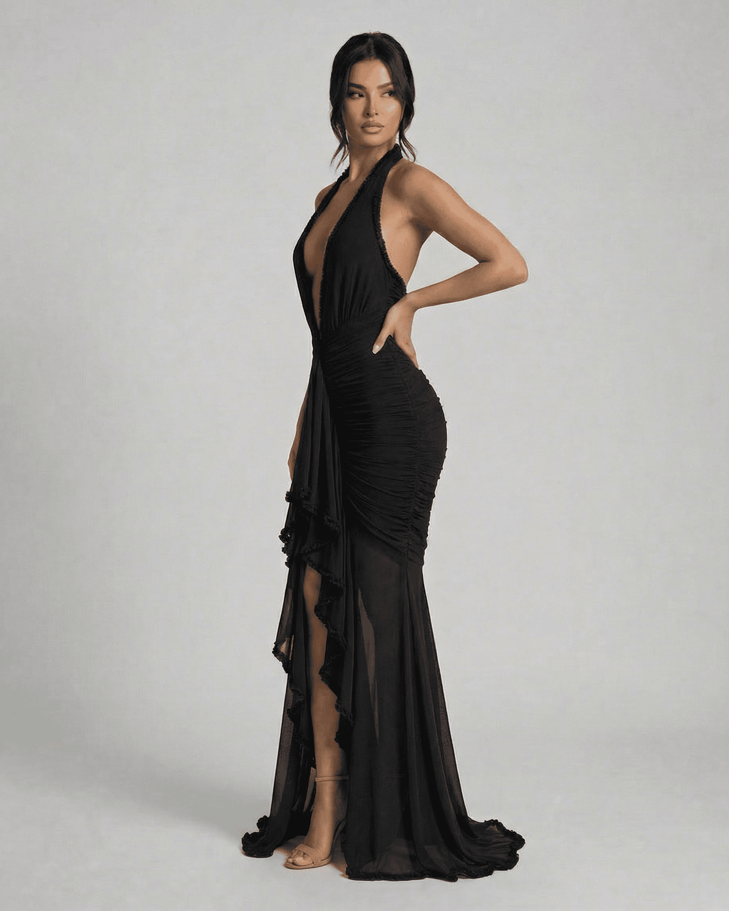 Noir Maxi Dress by Lauven, elegant black ruched slip dress with lace trim and plunging neckline.