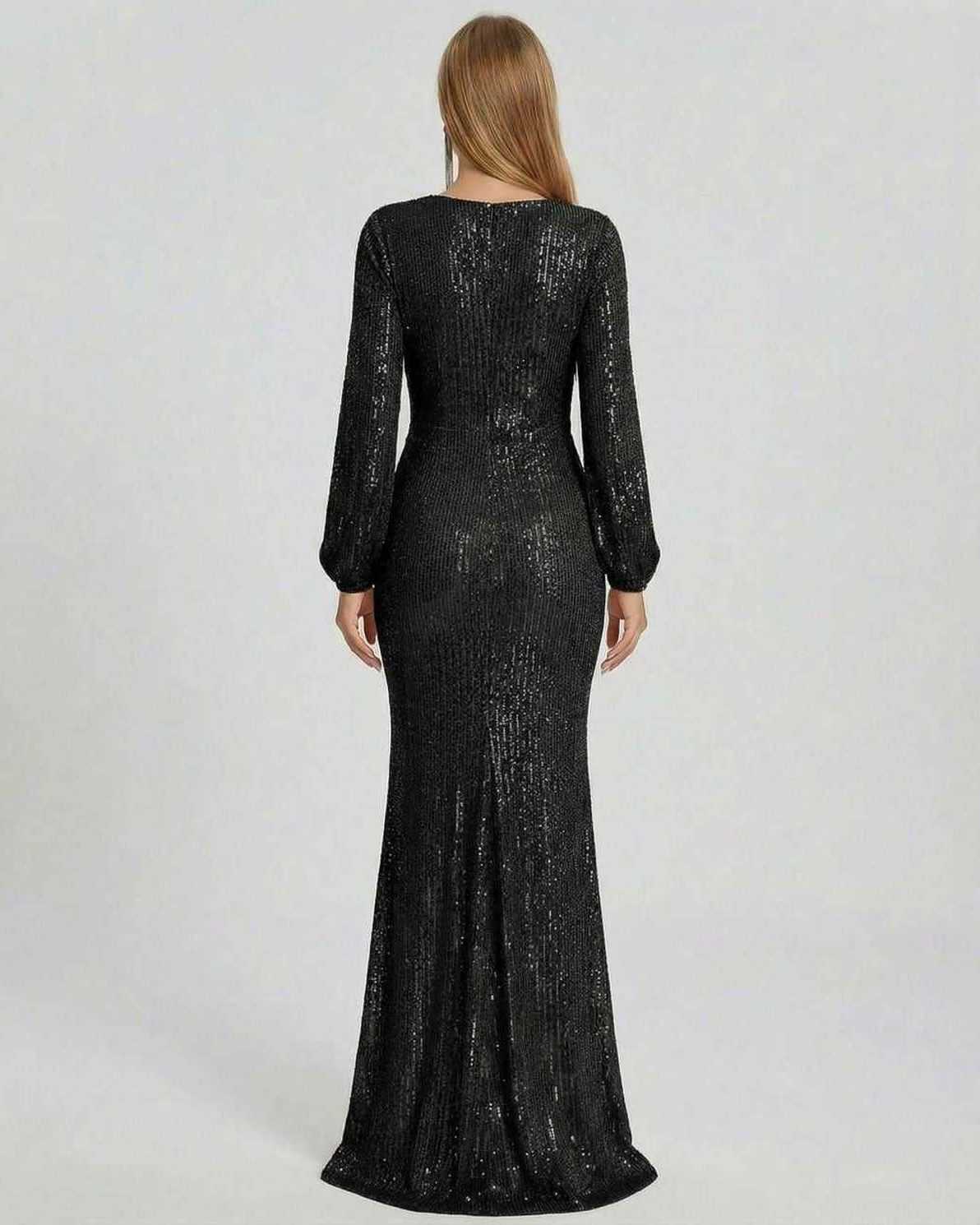 Noir Maxi Dress by Lauven, elegant black sequin gown with long sleeves and a sweeping train from the back view.