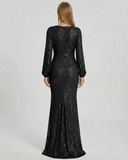 Noir Maxi Dress by Lauven, elegant black sequin gown with long sleeves and a sweeping train from the back view.
