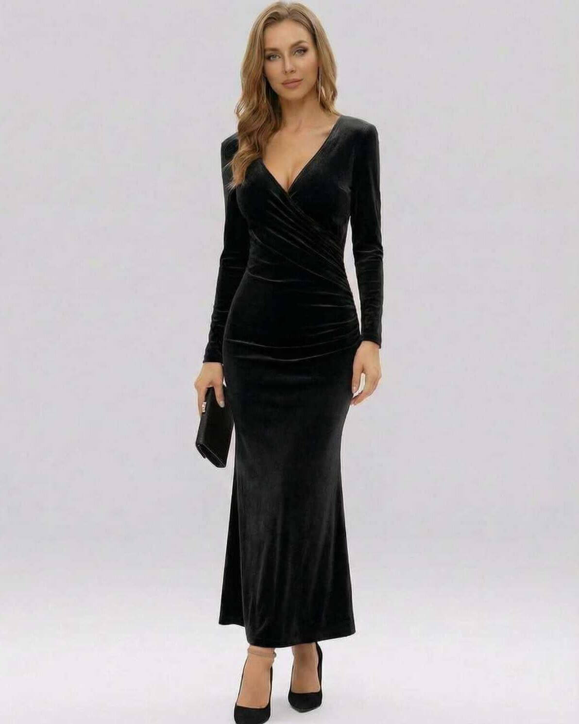 Noir Maxi Dress by Lauven in classic black velvet showcasing refined elegance and a flattering V-neckline.
