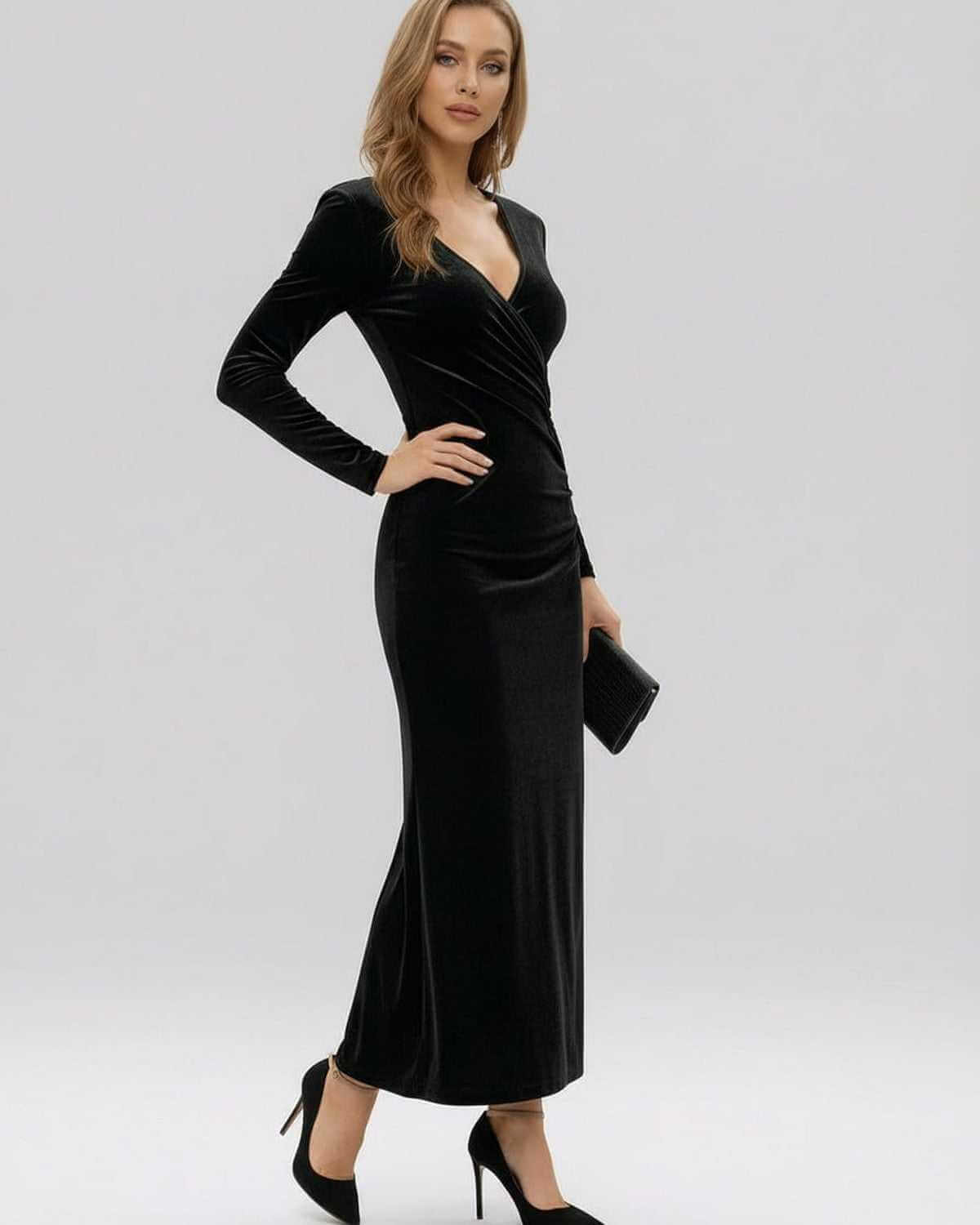 Noir Maxi Dress by Lauven, featuring classic black velvet and a flattering V-neckline.