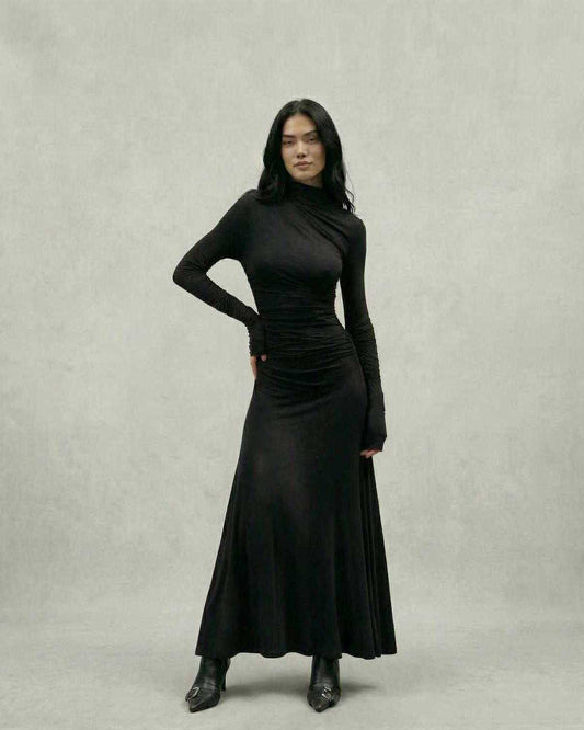 Noir Maxi Dress by Lauven features a sleek black sheath silhouette with a half-high collar and fitted sleeves.