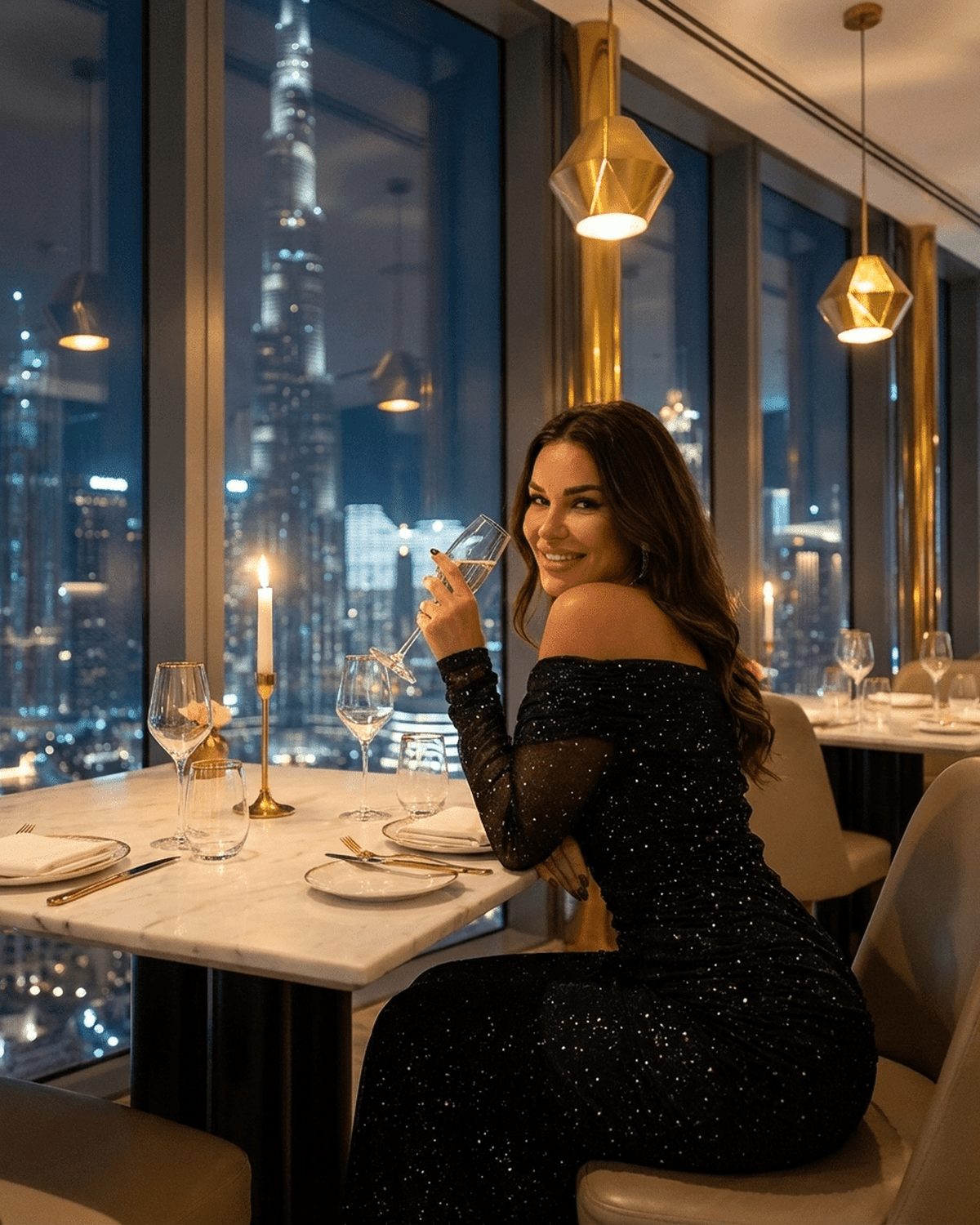 A woman wearing the Noir Maxi Dress enjoys a drink at an elegant dinner with cityscape views.