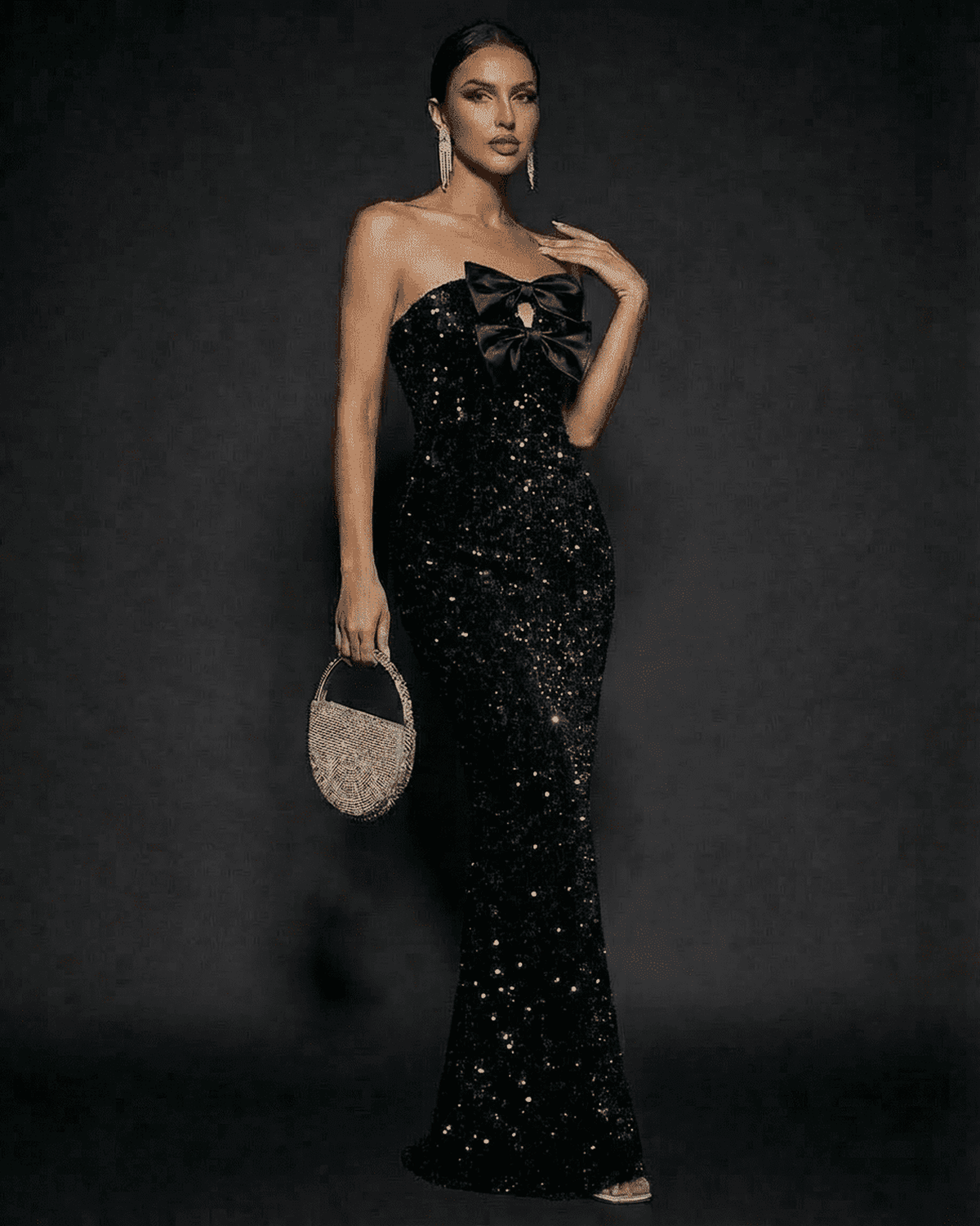 Noir Maxi Dress by Lauven, elegant strapless sequin evening gown with satin bows and figure-hugging design.