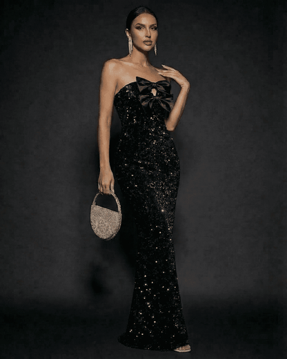 Noir Maxi Dress by Lauven, elegant strapless sequin evening gown with satin bows and figure-hugging design.