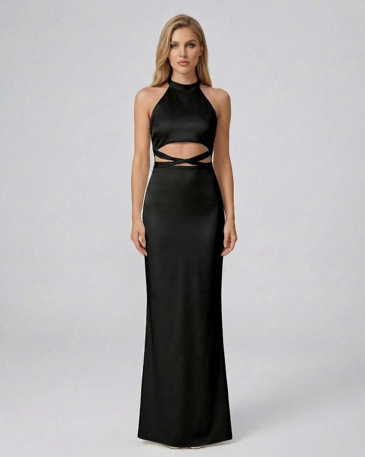 Noir Maxi Dress by Lauven featuring a halter neck design and modern waist cutout detail in solid black.