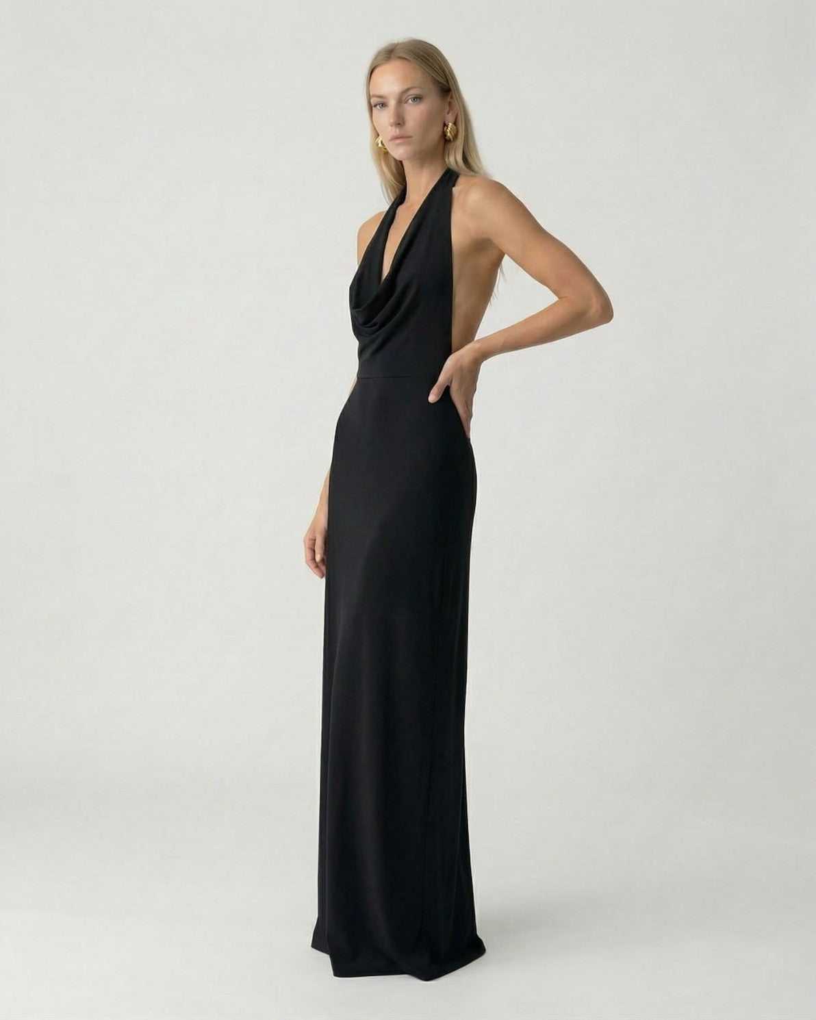 Noir Maxi Dress by Lauven - Elegant halter neck slip maxi dress with open back design.