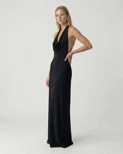 Noir Maxi Dress by Lauven - Elegant halter neck slip maxi dress with open back design.