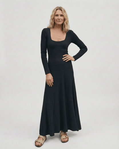 Noir Maxi Dress by Lauven featuring a long sleeve square neck design and a flowing silhouette.