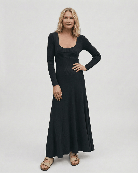 Noir Maxi Dress by Lauven featuring a long sleeve square neck design and a flowing silhouette.