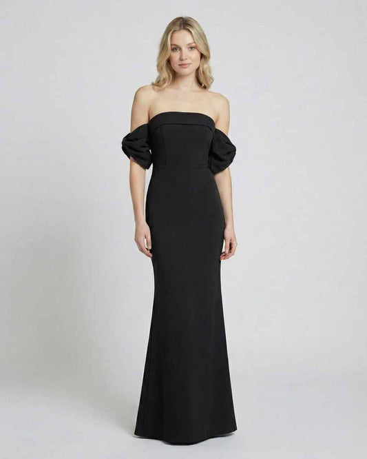 Noir Maxi Dress by Lauven - Elegant off-shoulder bodycon maxi dress in classic black with open back design.
