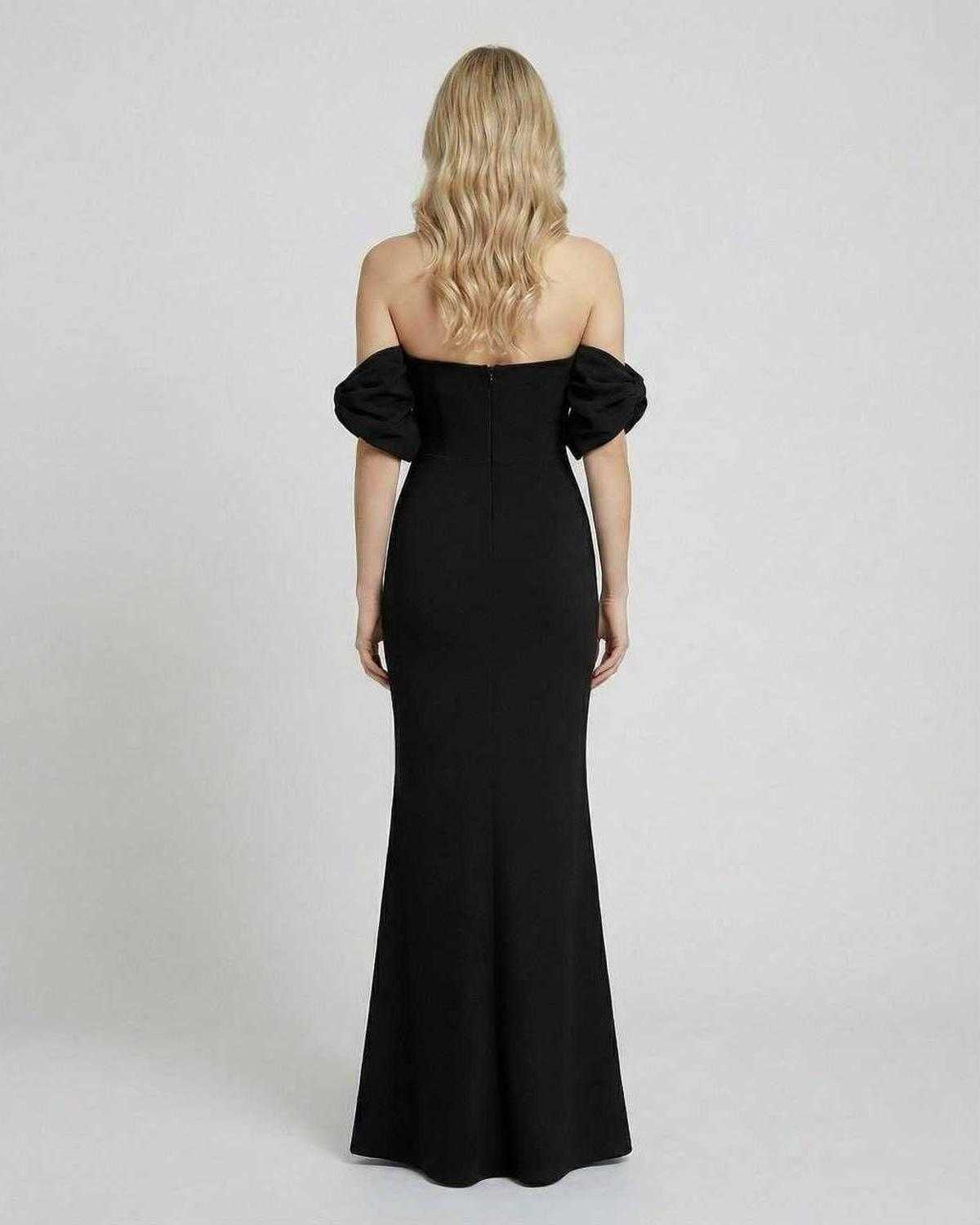 Noir Maxi Dress by Lauven - Back view of an off-shoulder bodycon maxi dress with a sleek black design.
