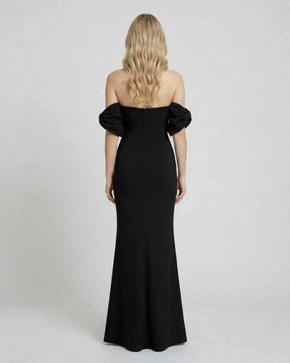 Noir Maxi Dress by Lauven - Back view of an off-shoulder bodycon maxi dress with a sleek black design.