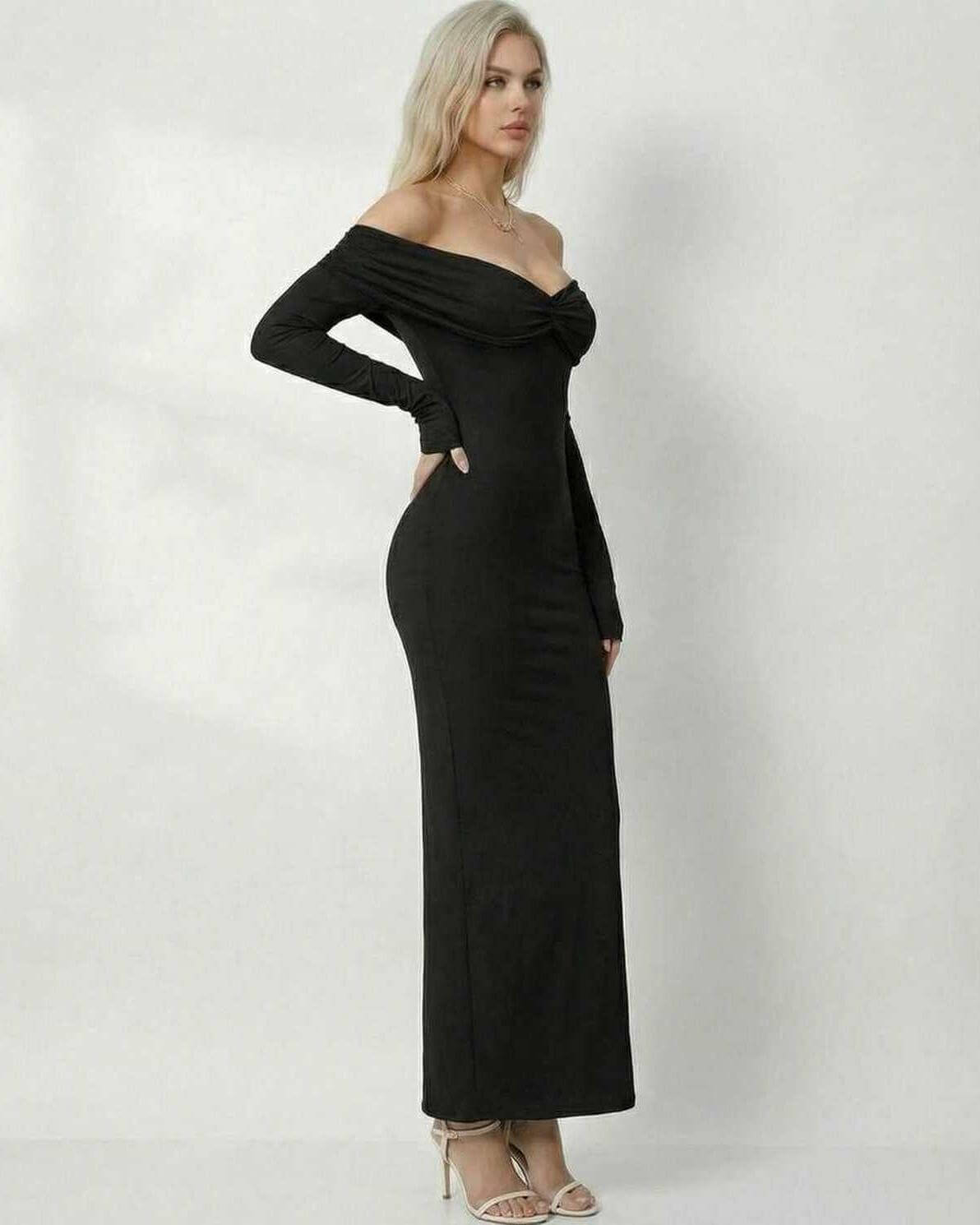 Noir Maxi Dress by Lauven featuring elegant off-shoulder sheath silhouette in a smooth black design.