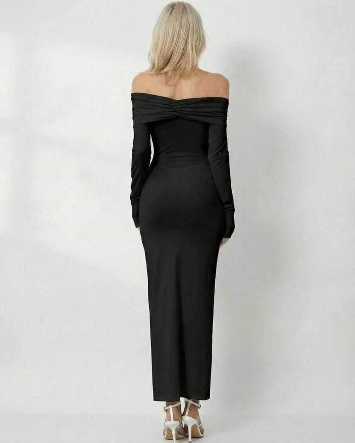 Noir Maxi Dress by Lauven featuring a sleek off-shoulder design and full-length sleeves, shown from the back.