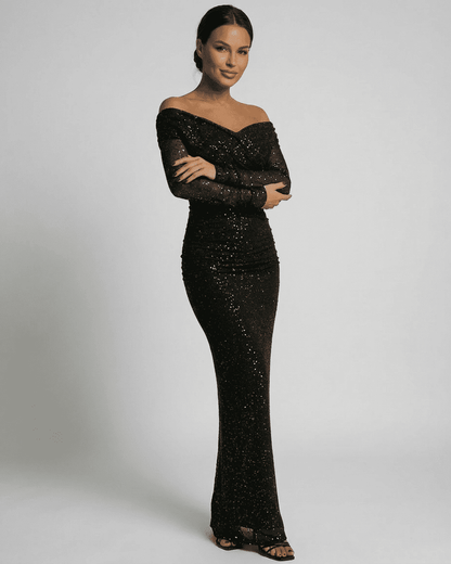 Lauven Noir Maxi Dress featuring off-the-shoulder neckline and sequined mesh sleeves, perfect for elegant events.