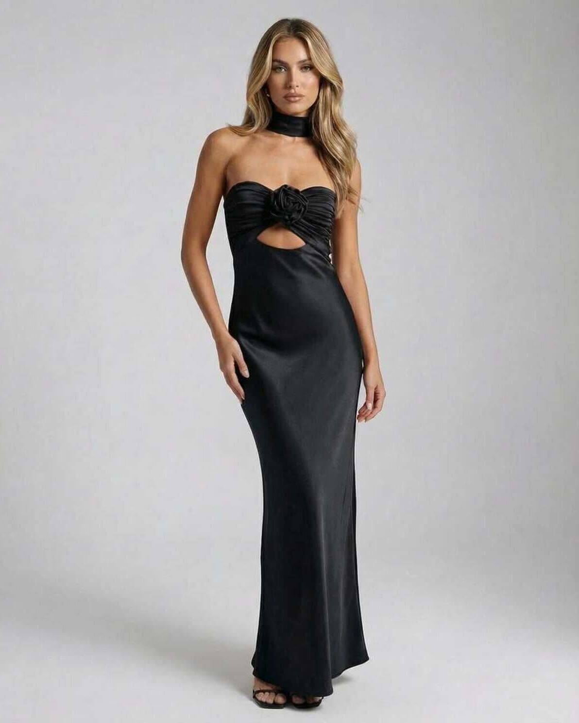 Noir Maxi Dress by Lauven, elegant black satin fit and flare evening gown with strapless neckline and rose detail.