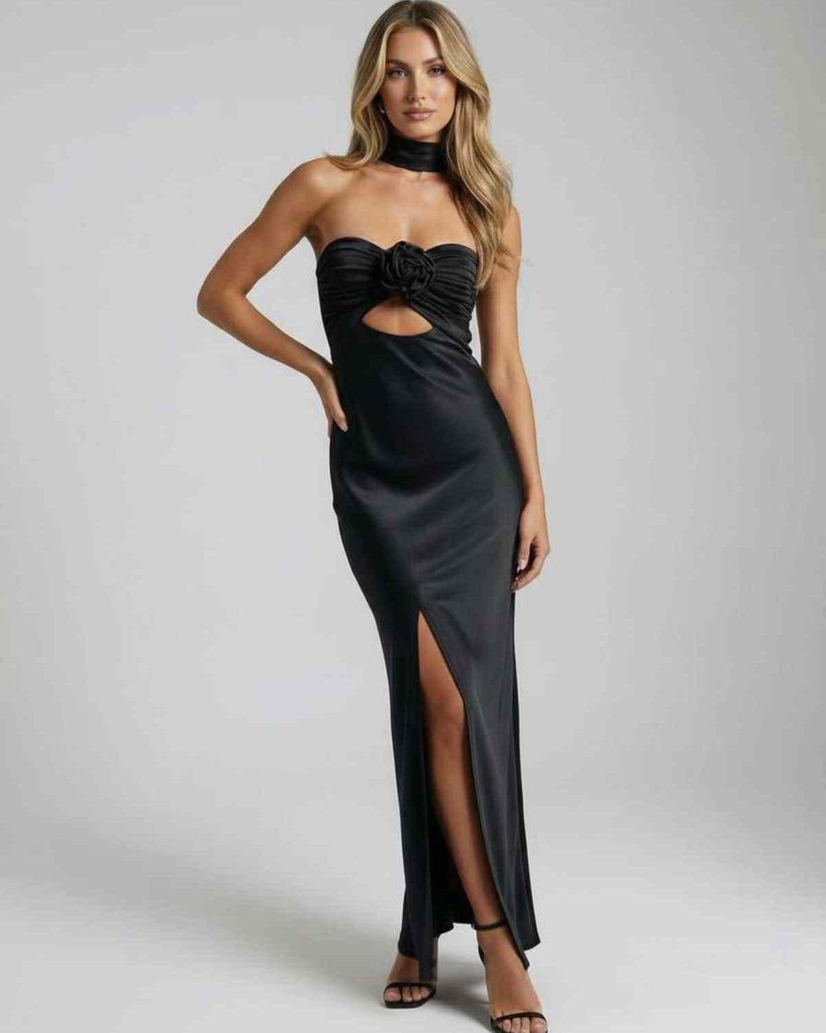 Noir Maxi Dress by Lauven, sleek black satin evening gown with strapless neckline and rose detail.
