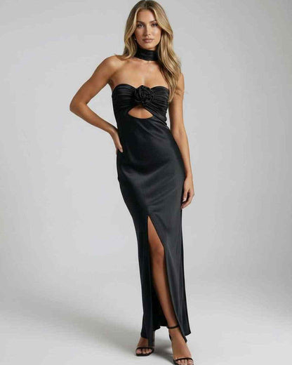 Noir Maxi Dress by Lauven, sleek black satin evening gown with strapless neckline and rose detail.