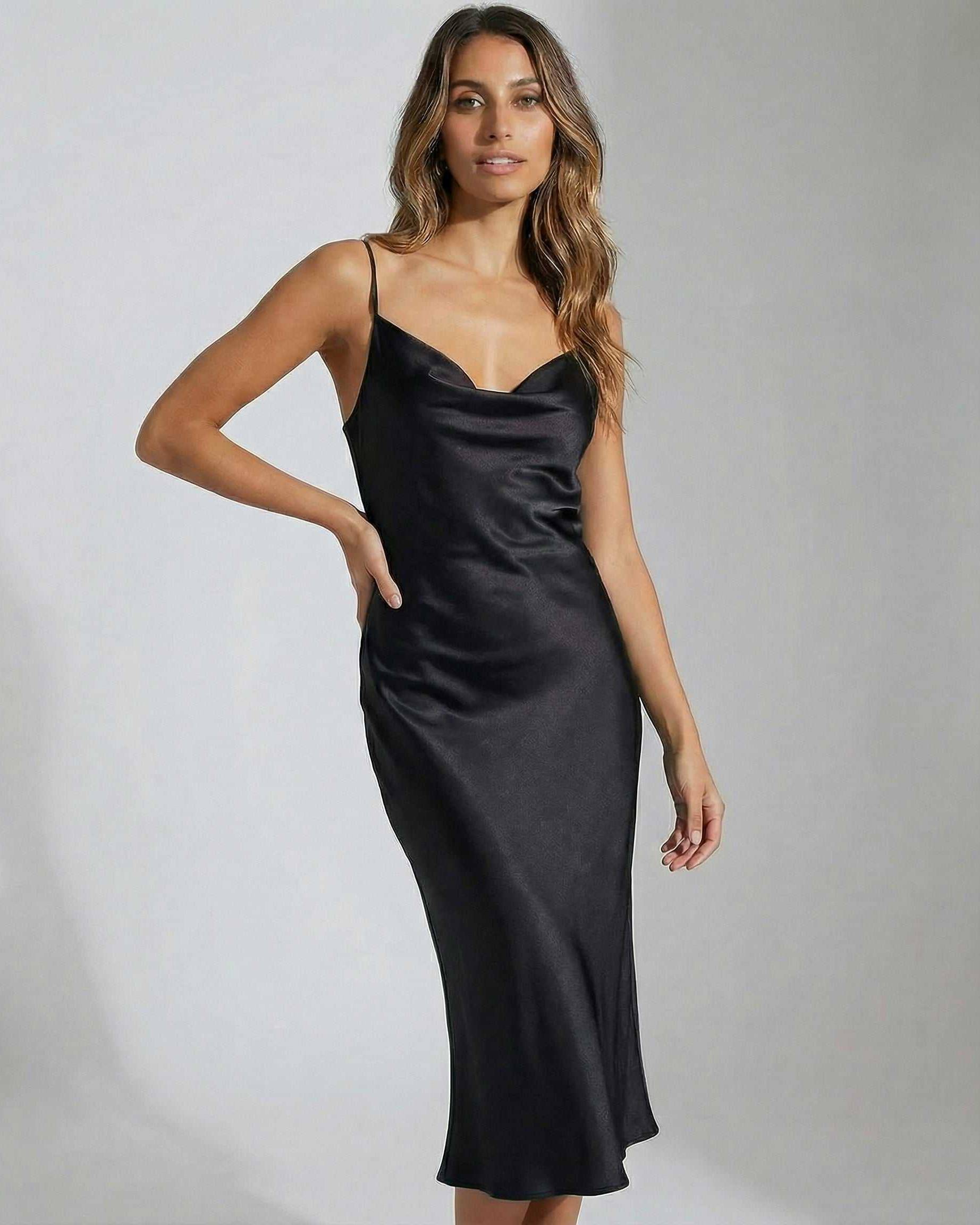 Noir Midi Dress by Lauven – Black satin midi dress with cowl neckline for elegant evening wear.