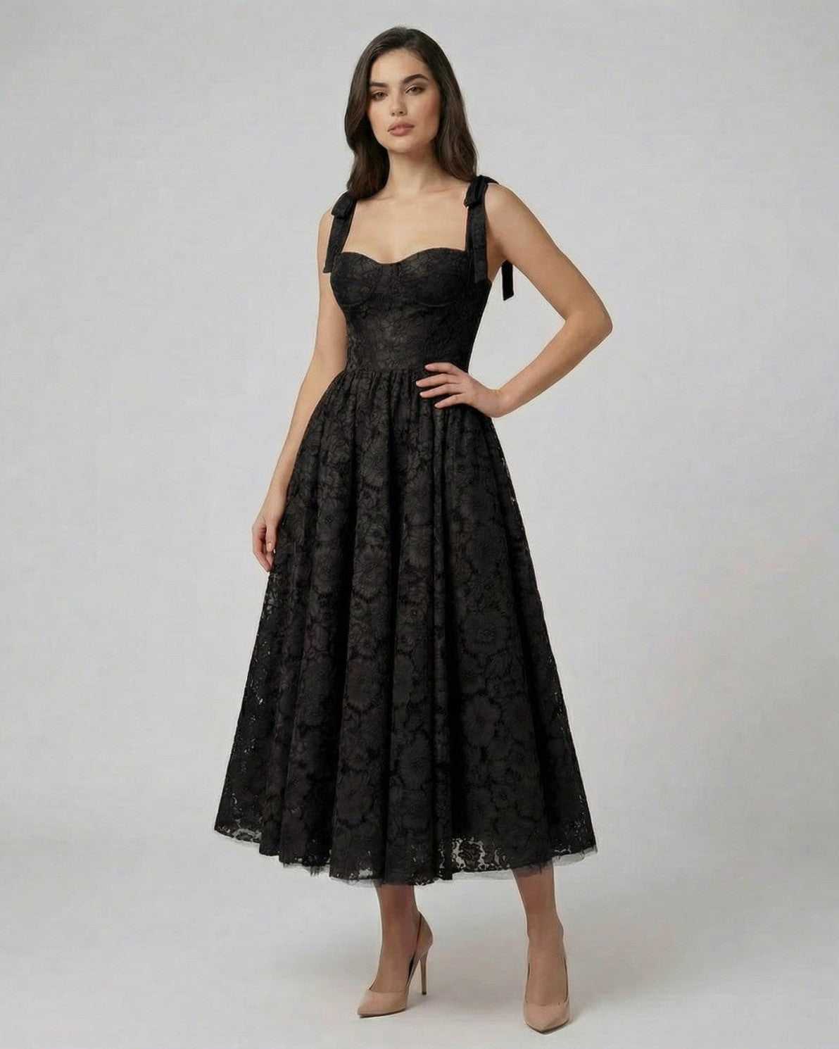 Noir Midi Dress by Lauven - Elegant lace A-line midi dress with sculpted fit and stylish design.