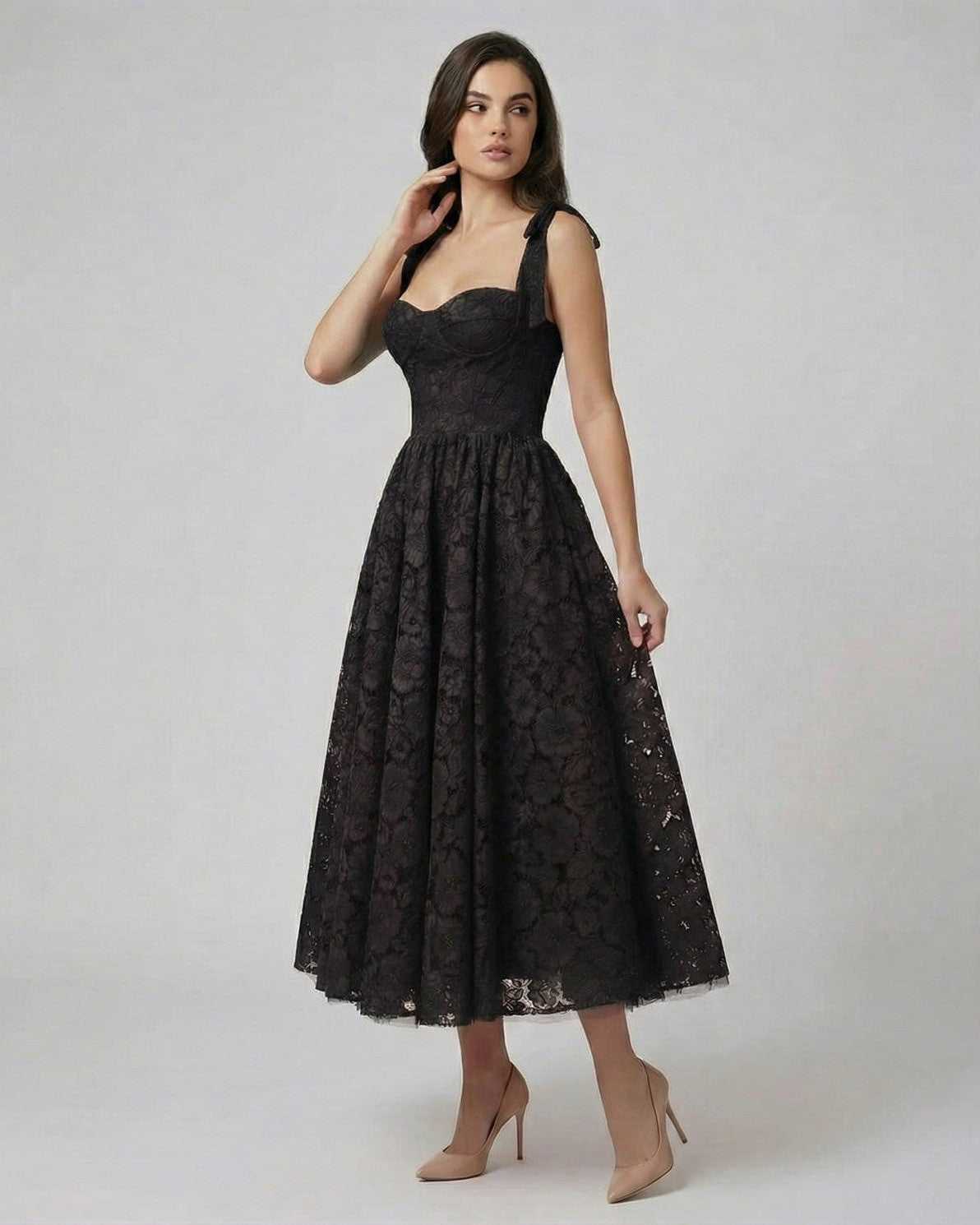 Noir Midi Dress by Lauven - Elegant lace A-line dress with sculpted fit and graceful flow.