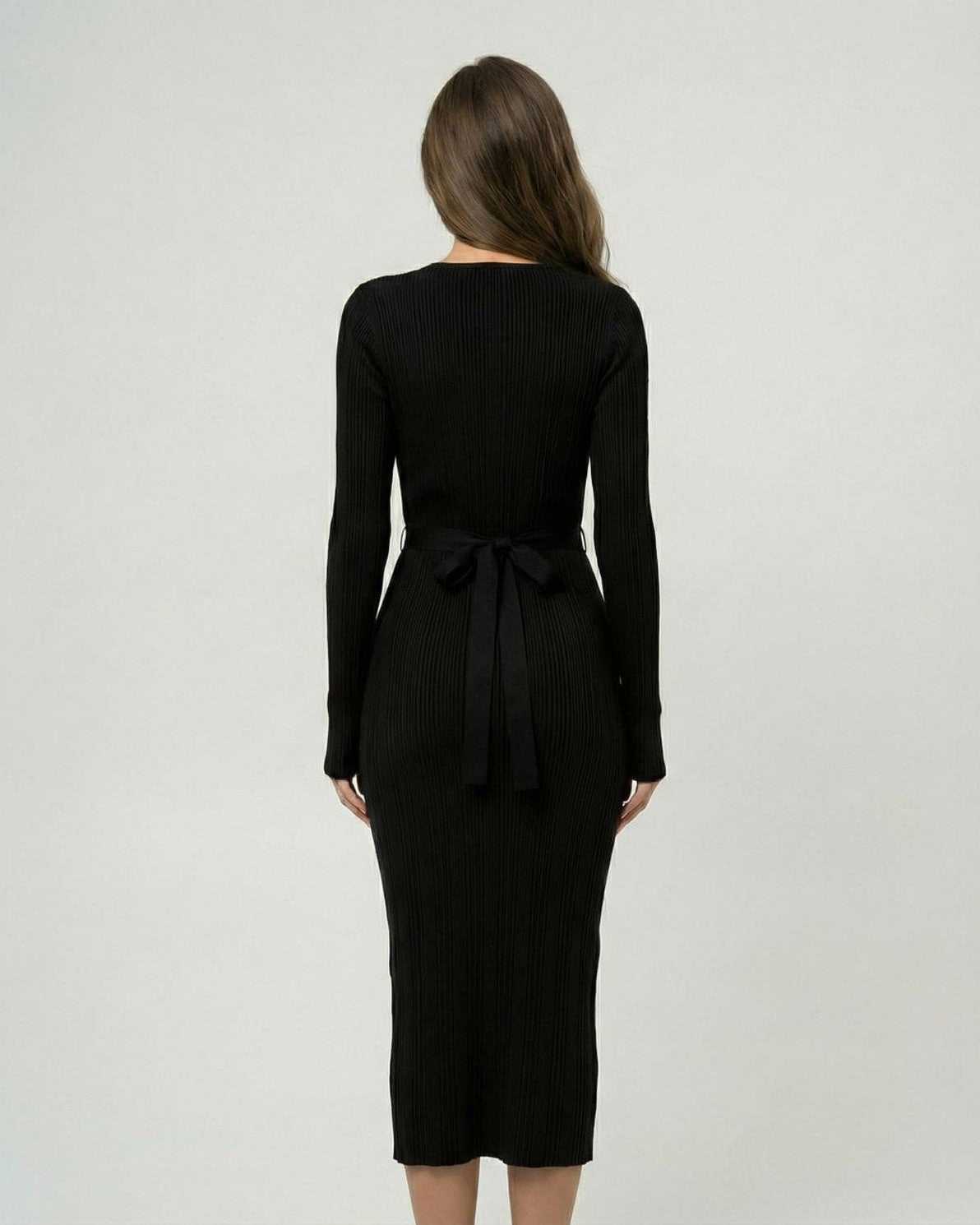 Noir Midi Dress by Lauven featuring a back view with a tied ribbon detail and ribbed texture.