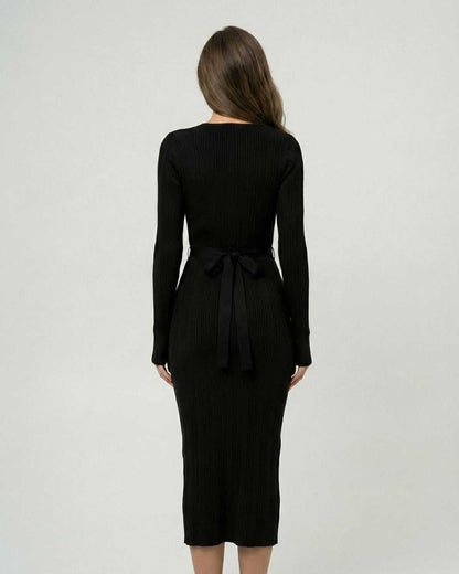 Noir Midi Dress by Lauven featuring a back view with a tied ribbon detail and ribbed texture.