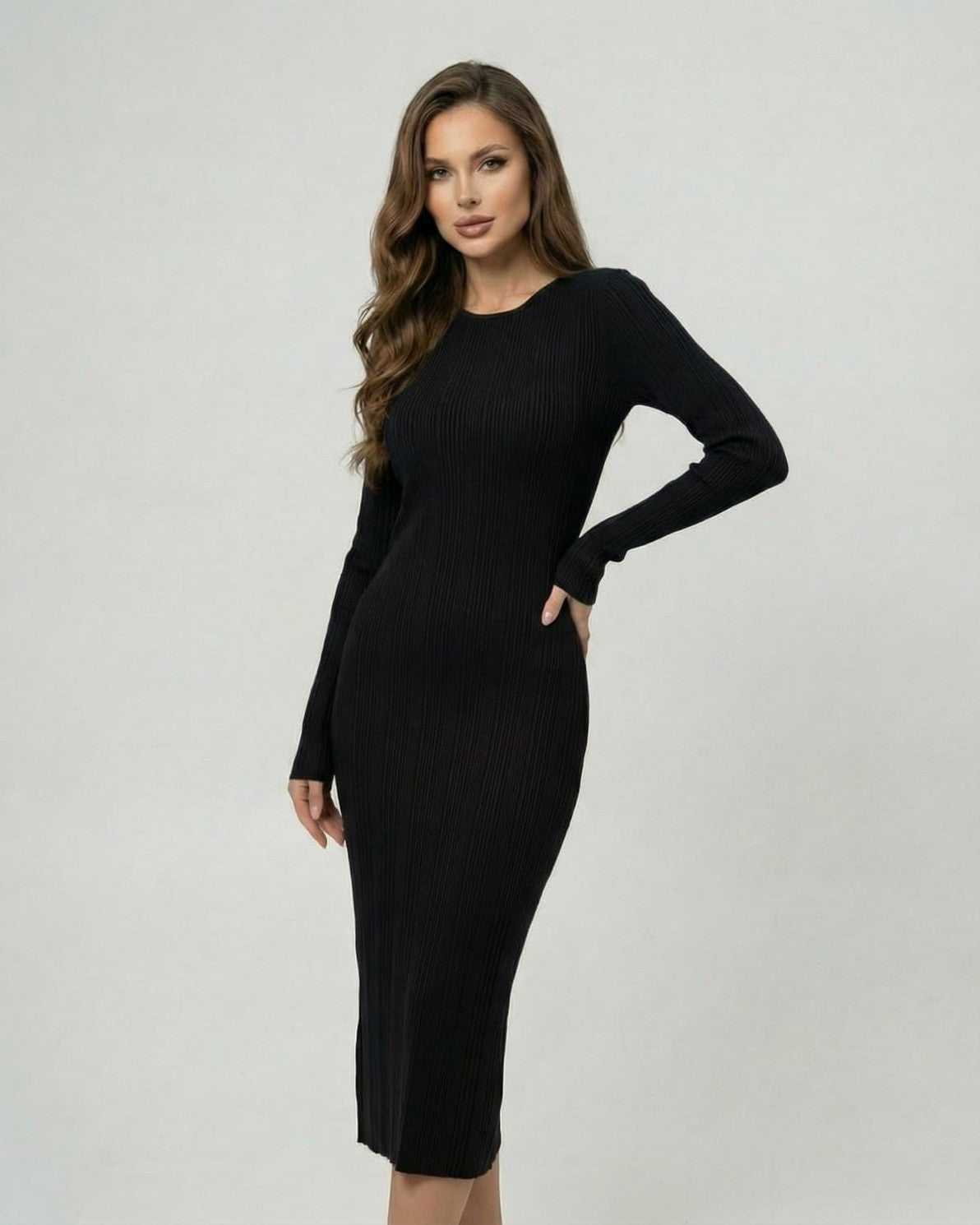 Noir Midi Dress by Lauven featuring a sleek bodycon silhouette and ribbed texture in black.