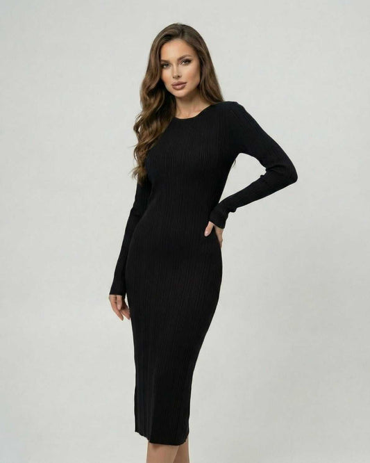 Noir Midi Dress by Lauven featuring a sleek bodycon silhouette and ribbed texture in black.