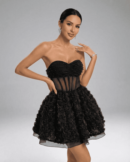 Noir Mini Dress by Lauven, a strapless puff mini with 3D floral texture and beaded detailing for an elegant look.
