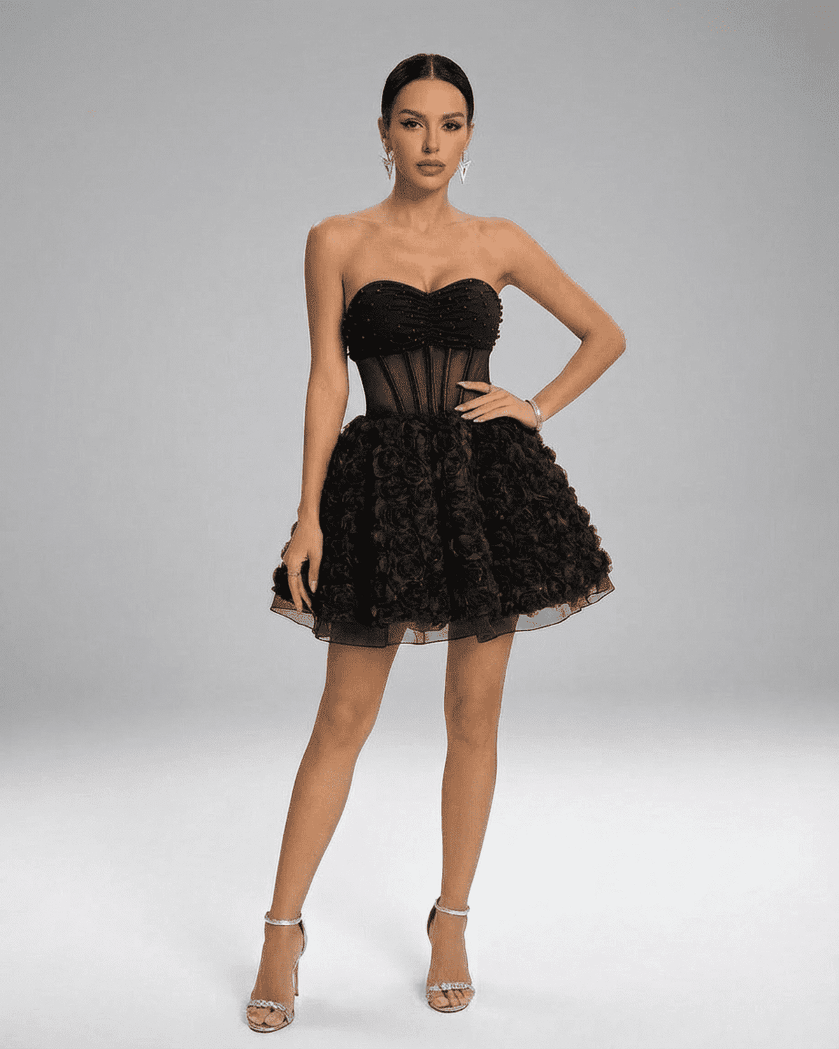 Noir Mini Dress by Lauven, a stunning strapless puff mini with 3D floral texture and elegant corset-style silhouette.