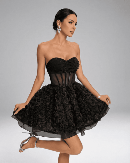Noir Mini Dress by Lauven - Beaded strapless puff mini with 3D floral texture in black.