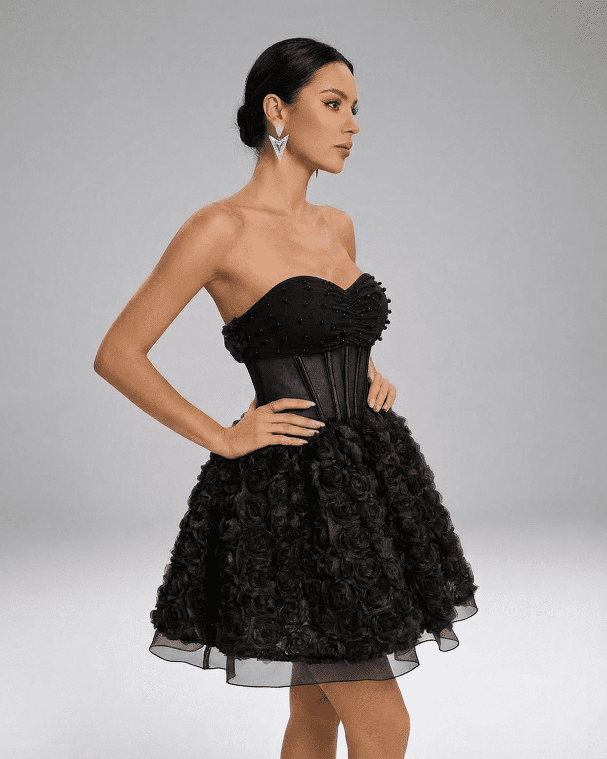 Noir Mini Dress by Lauven, a stunning bead-embellished strapless mini with floral texture and corset-style silhouette.