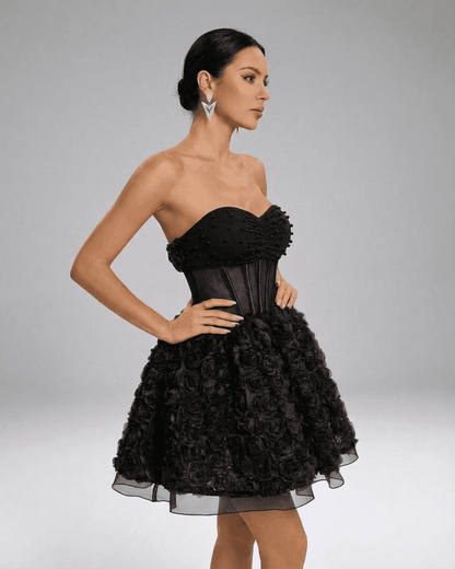 Noir Mini Dress by Lauven, a stunning bead-embellished strapless mini with floral texture and corset-style silhouette.