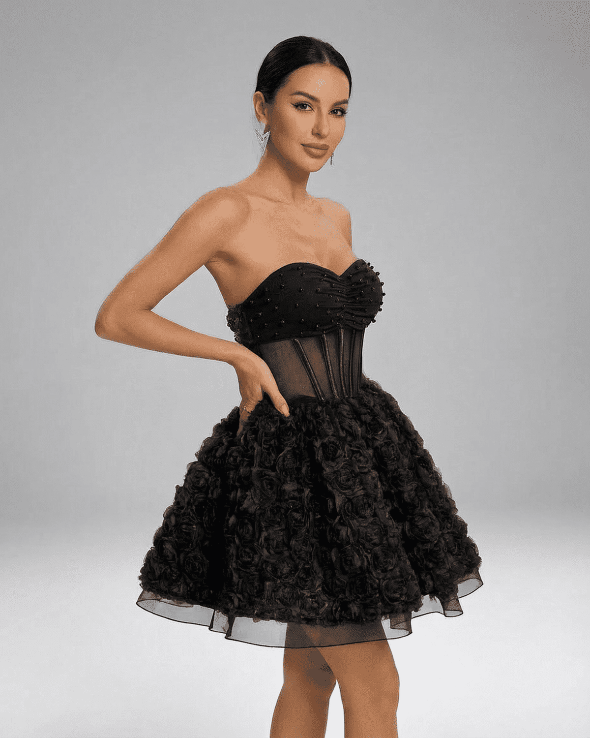 Lauven Noir Mini Dress - Beaded strapless puff mini with 3D floral texture and corset-style silhouette.