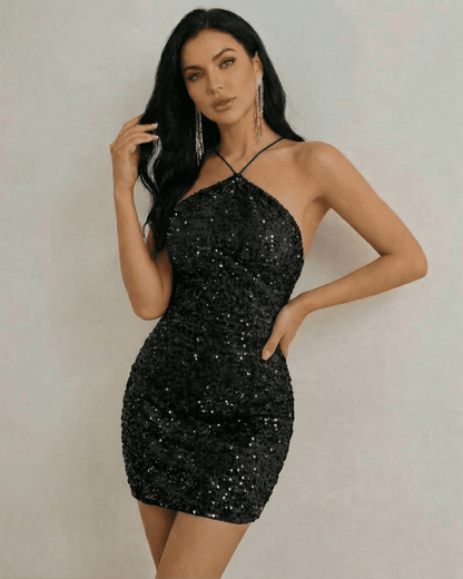 Lauven Noir Mini Dress - Black Sequin Halter Neck Mini Dress featuring a sleek design and high-waist silhouette.