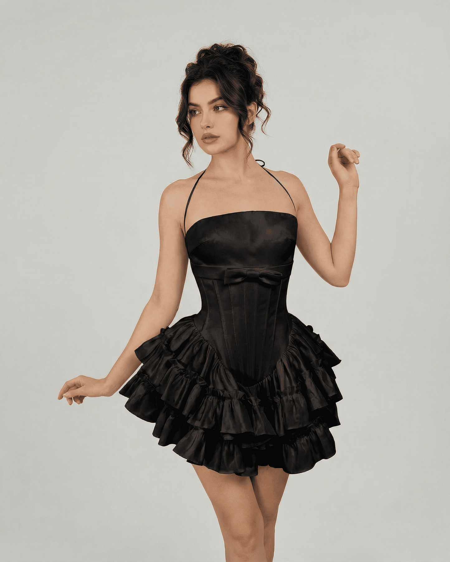 Noir Mini Dress by Lauven — Corset-inspired tiered mini dress in classic black, featuring a structured silhouette.