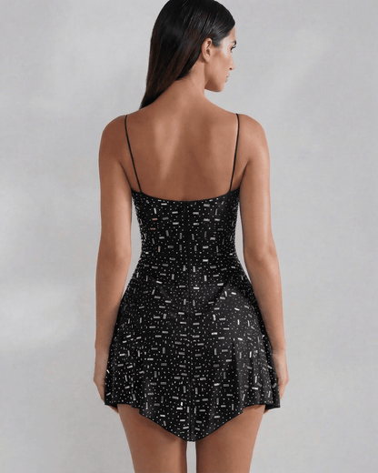 Noir Mini Dress by Lauven, showcasing the elegant back view with embellishments in classic black.