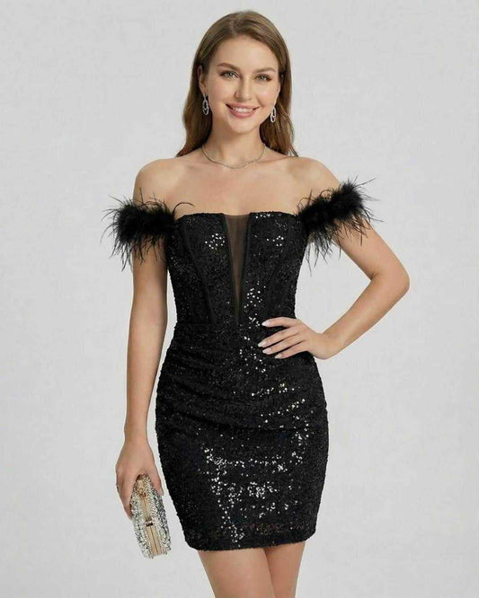 Lauven Noir Mini Dress featuring feathered off-shoulder design and sequin embellishments for an elegant look.