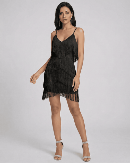 Noir Mini Dress by Lauven featuring layered fringe, V-neck design, and a sleek sleeveless silhouette.