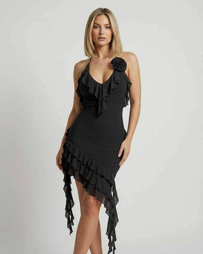 Noir Mini Dress by Lauven featuring ruffle detail and halter neckline in classic black.