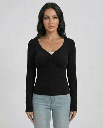 Noir Pullover by Lauven – Women’s Slim Fit V-Neck Long Sleeve Pullover with Button Detail